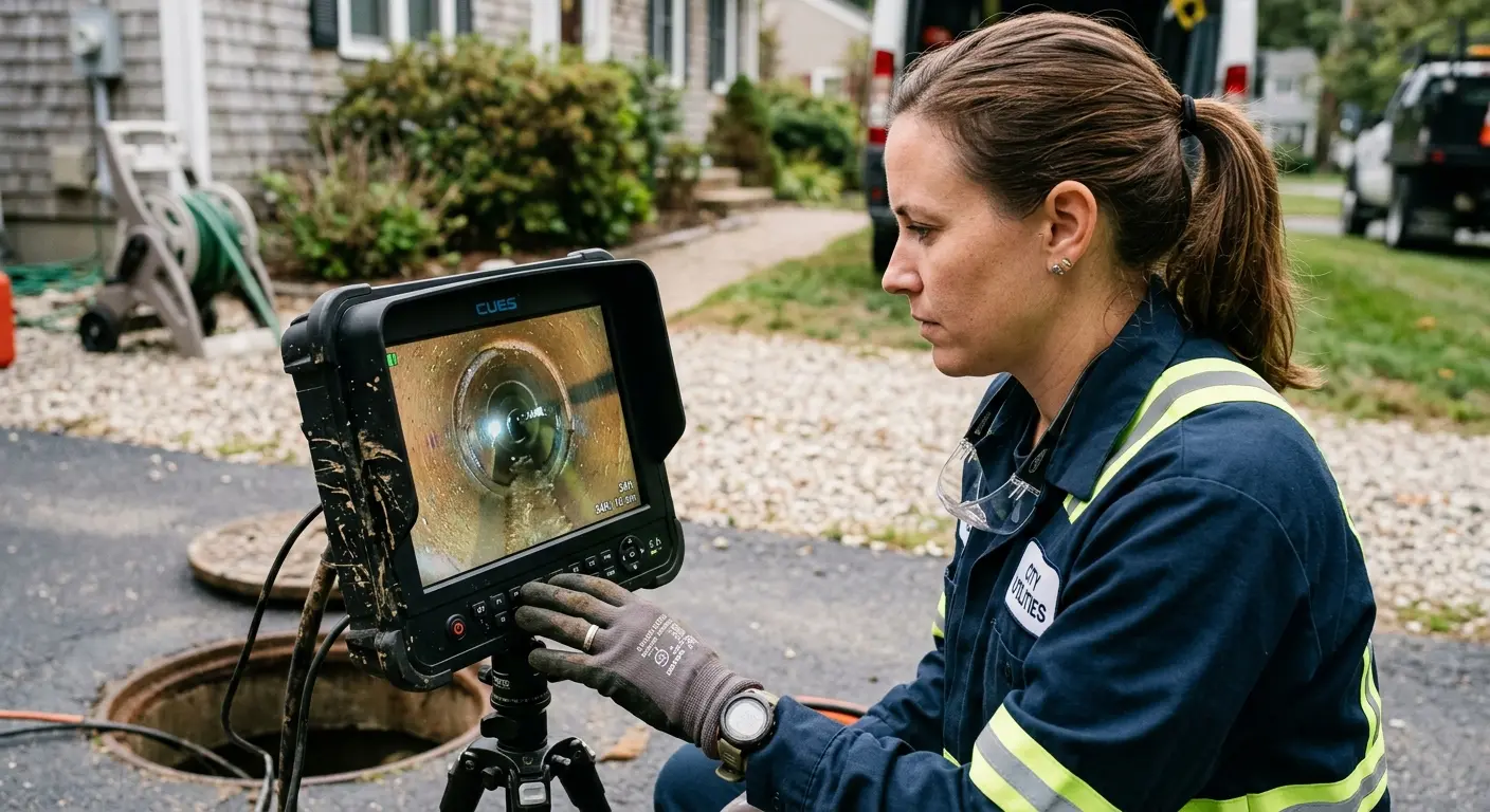 Technician reviewing sewer camera inspection footage in Apple Valley