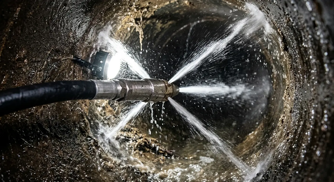 High-pressure hydro jetting nozzle cleaning sewer pipe for Storm Drain Cleaning in Apple Valley