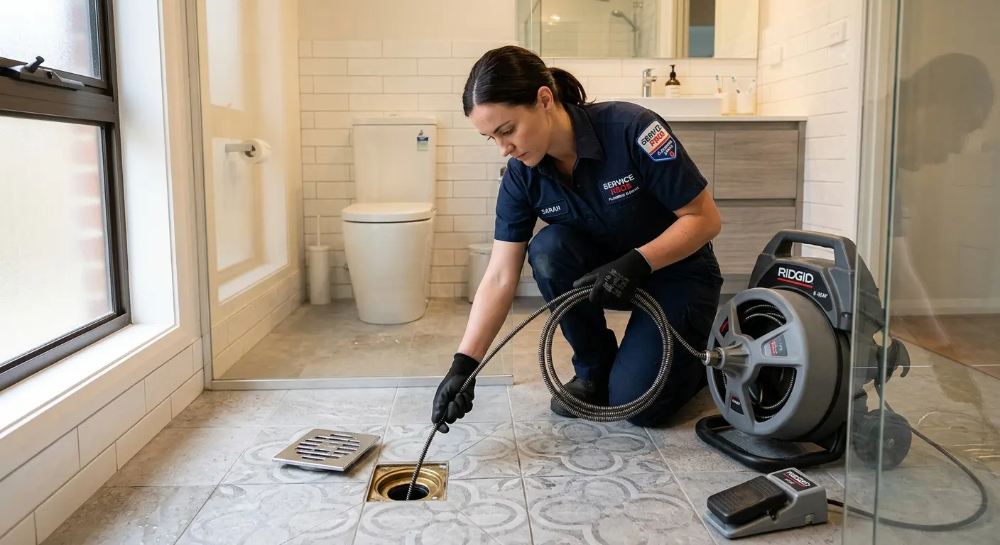Technician clearing a bathroom floor drain for Sewer Line Installation in Apple Valley